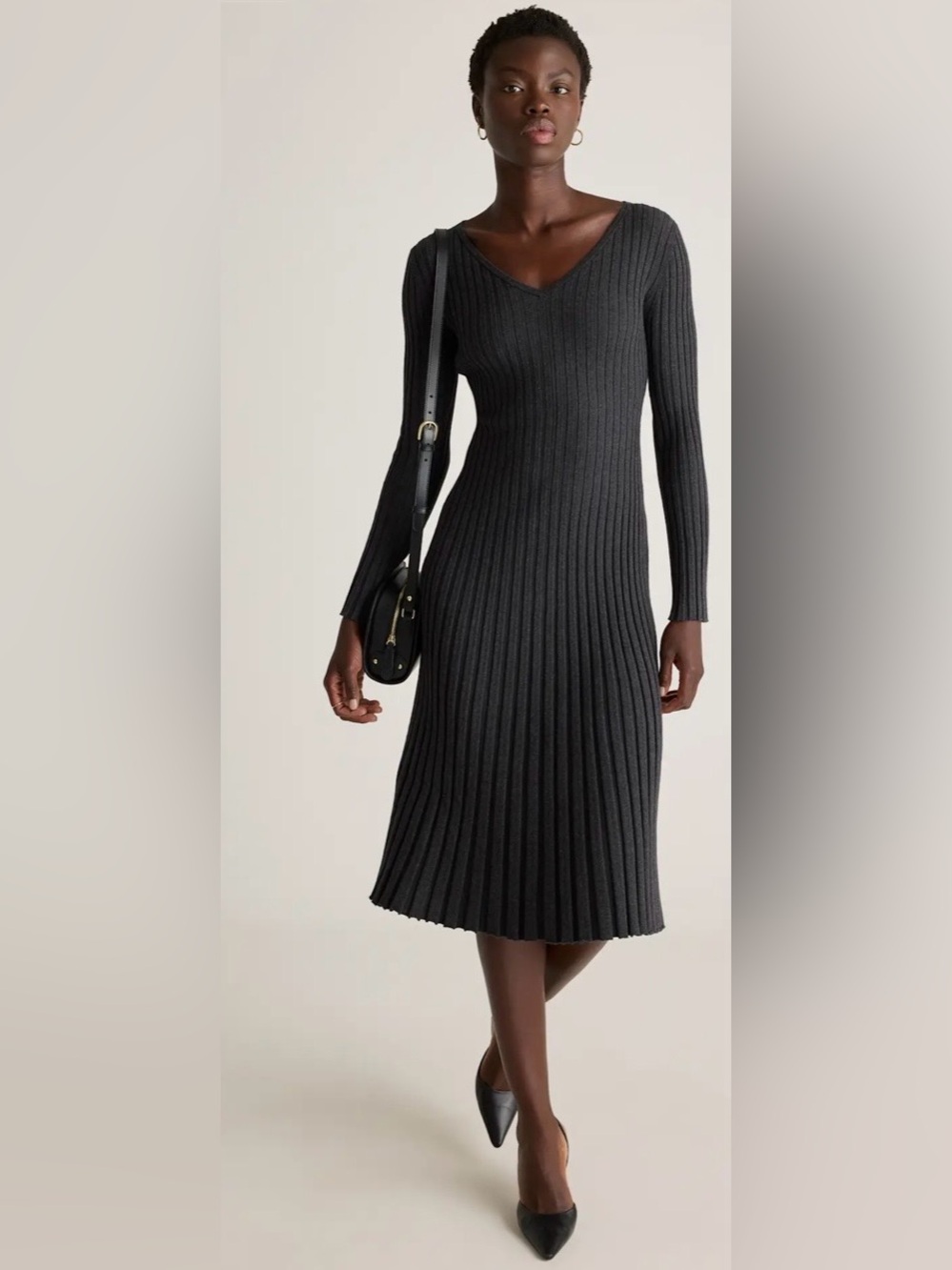 Quince Cotton Cashmere Ribbed Long Sleeve V-Neck Midi Dress Heather Charcoal XS
